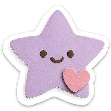 happy pastel purple star with a tiny pastel heart in front, no arms or legs, full body, kawaii paper craft style sticker
