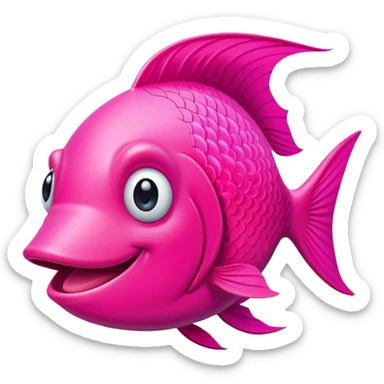 super friendly, extremely derpy bright neon pink fish with big goofy smile and crossed eye, tongue sticking out, perfect flat side profile facing right, exactly 90 degrees, one eye visible sticker