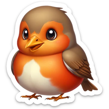 Cinematic Cute Robin Portrait Emoji, Head tilted playfully and inquisitively, featuring a charming, petite form with a vibrant red breast, round, sparkling eyes full of gentle mischief, and a delicate, beak-like smile, Simplified yet irresistibly adorable features, highly detailed, glowing with a warm, inviting glow, high shine, affectionate and lively, stylized with a touch of whimsical woodland charm, soft glowing outline, capturing the essence of a mischievous yet endearing robin that seems as if it could sing out of the screen into your heart! sticker