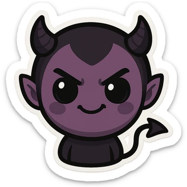 devil emoji in chibi style with gothic palette black and purple, tiny horns, cute but mischievous expression sticker