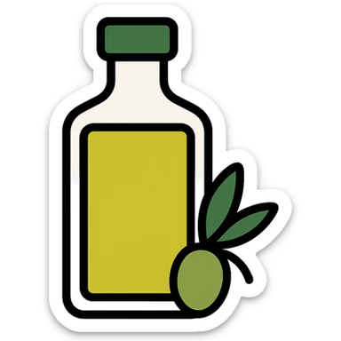minimalist icon of olive oil bottle, flat design, green and yellow sticker
