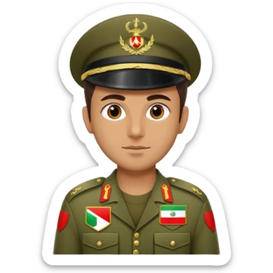 Portrait of an Iranian soldier with an Iranian flag chevron on his shoulder and chest sticker