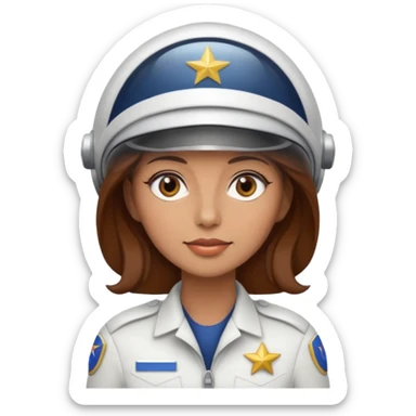 woman with brown hair and brown eyes.  space ship captain with white hat sticker