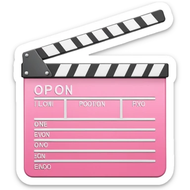 pink  pink clapperboard used in filmmaking, cute and stylish design with white details, open position, soft reflections, realistic or kawaii style, isolated on transparent background sticker