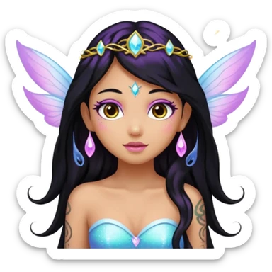Earthreal sparkly angelic mystical magical shiny pretty Fairy. Dark Brown eyes. Caramel skin. Long black hair. White, hot pink and light blue and lavender and light green and light yellow . Tattoos sticker