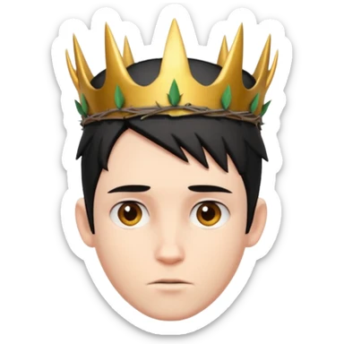 White boy with black short straight hair, has a horns on his forehead and wearing a crown of thorns sticker