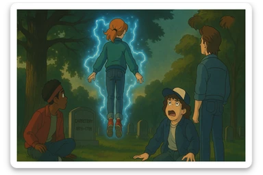 Max from Stranger Things levitating above a grave in a cemetery, back view, Lucas and Steve watching, Dustin with a shocked and scared expression, Ghibli style, wide aspect ratio (16:9), supernatural glowing effects, dramatic mood. sticker