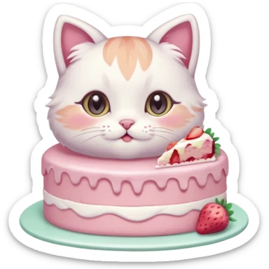 A cute cat happily eating a slice of strawberry cake, pastel color palette, soft shading, big sparkling eyes, kawaii style, highly detailed digital illustration, cozy atmosphere
, sticker