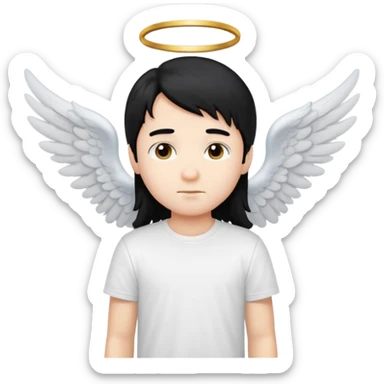 angelic boy with long black hair, white t-shirt, angel wings sticker