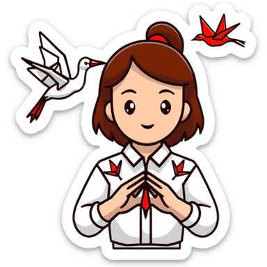 Happy Ukrainian young girl with brown hair in a white embroidered shirt holds an origami red crane sticker