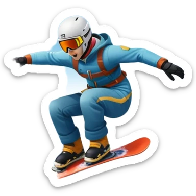 An icon showing a snowboarder performing an exciting jump on a snow-covered slope. The background features towering mountains, snow-covered trees, and a bright, clear sky. Transparent background highlights the speed, agility, and thrill of snowboarding. sticker