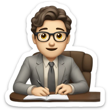 Pale skinned Fit Man With dark brown hair in gray jacket, beige office shirt, Brown pants and vintage glasses sitting In a soft chair with a notebook and a pen Fooling showing his tongue sticker