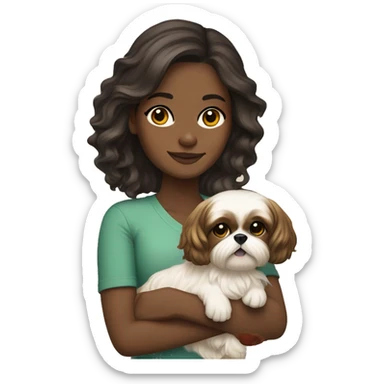 Young dark brunette medium kin hair woman with a golden shih tzu in her arms long wavy hair sticker