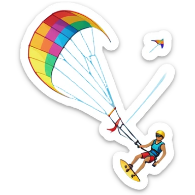 A vibrant kite soaring high in the sky, attached to a kiteboarder riding the waves below. The scene is filled with bright colors, capturing the energy of the sport. The background features the ocean, wind-blown waves, and a clear sky, showcasing the excitement and freedom of kiting. sticker