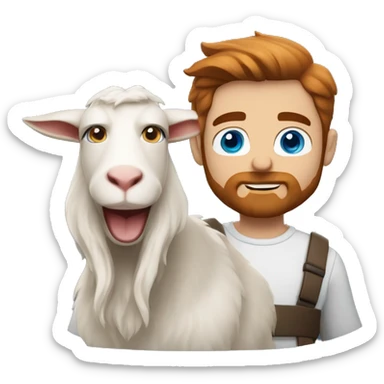 Man holding a goat, redish hair redish scruffy beard, blue eyes, wearing a superman costume sticker