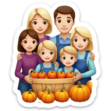 family picking apples and pumpkins together, autumn background, joyful sticker