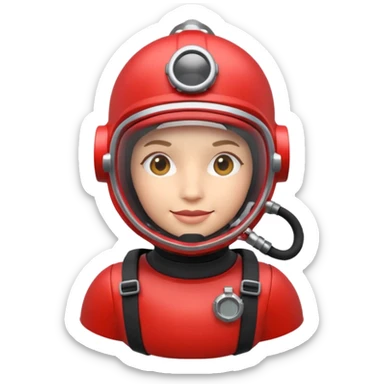 3D cartoon-style human character in the Apple emoji style, wearing a red scuba diving helmet with glass visor sticker