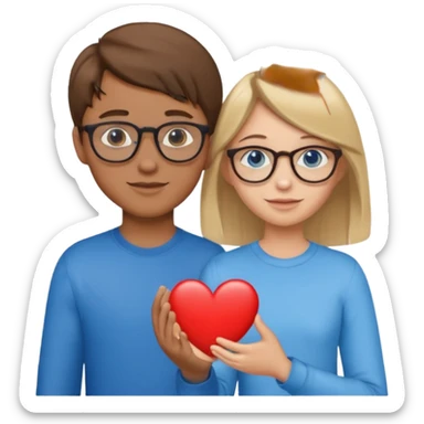 two young lovers, a heart between them, boy with brown hair and glasses, girl blonde with blue eyes without glasses, emoji style sticker