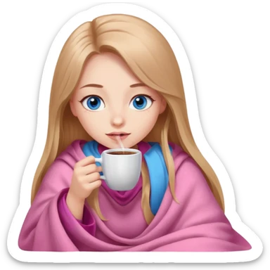 A girl with blue eyes, long eyelashes, very long light brown hair, inside a pink blanket with coffee sticker