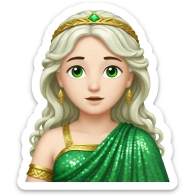 Juno, Goddess of Marriage from Roman Deities with long white brunette wavy hair, green sequin toga sticker