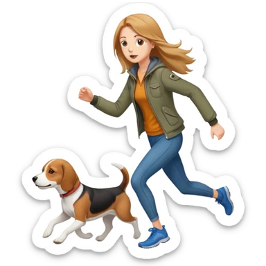 A beautiful tall girl with fair skin and long hair wearing a jacket and running with a beagle sticker