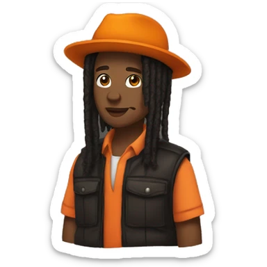 brown African american whit starter dreads and black hat backwards and orange puffer vest sticker