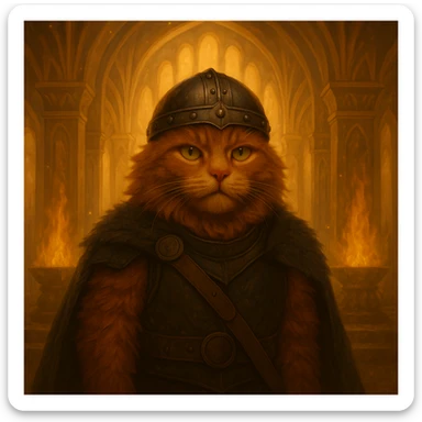 Remove the horns from the Viking helmet on the ginger cat while keeping the Valhalla background intact. Maintain an epic and heroic style for the image. sticker