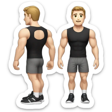 Pale skinned Fit Man With the biceps and dark brown hair in black shirt, gray sports shorts and white Sneakers sticker