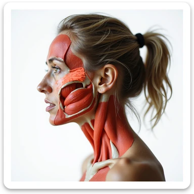 realistic anatomical side view of a woman with head and neck muscles highlighted, forehead or temples reddened, suffering expression, white background sticker