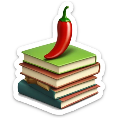stack of books with a chili pepper sticker