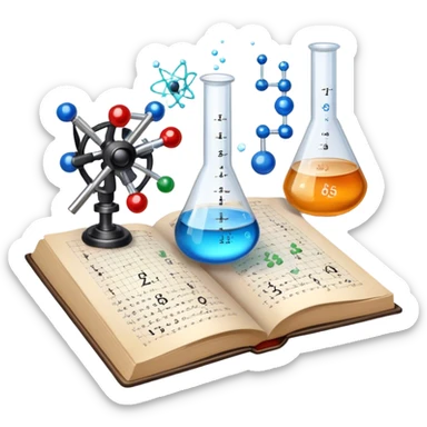 Icon for Scientific and Educational Reading: an open book with mathematical and physical formulas on the pages, with molecules and atoms flying out. On the desk are test tubes, flasks, and a microscope. Transparent background. sticker