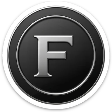 Emoji icon of a black coin with engraved letter F, minimalist style, isolated, no color sticker