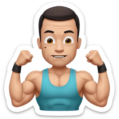male memoji, goofy ugly bodybuilder, tiny head, oversized arms, wearing cheap tank top, dumb expression, caricature style sticker
