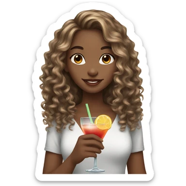 Beautiful girl with flowy Long curly brown hair with blonde highlights, white skin with a cocktail sticker