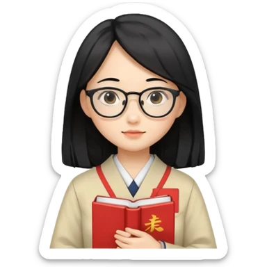 A student, asian girl, long black hair, wearing glasses, japanese uniform, hold book in front of their chest sticker