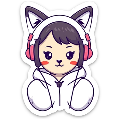 Cute anime style Japanese girl wearing colorful cat ear headphones sticker