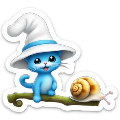 smurf cat with white hat and a snail on its back walking on the stick sticker