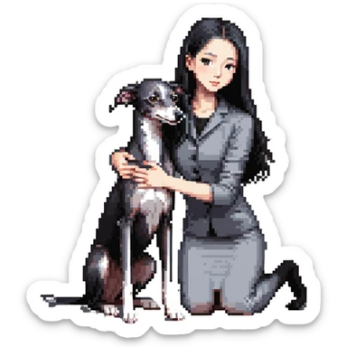 Slim Chinese girl with long black hair petting a completely solid dark grey Italian greyhound with absolutely no white anywhere on its body sticker