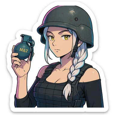  a closeup portrait of young woman with gold yellow eyes, white hair, long braid, black off-shoulder top d-cup, punk gothic style, futuristic cyberwave cyberpunk,  she has a plate carrier armor vest , and a old-style steel bulletproof combat helmet. holding up a m67 hand grenade  sticker