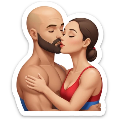 Muscular Bald man with a beard passionately kissing his young fit brunette wife  sticker
