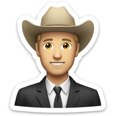 White man in a suit with a cowboy hat sticker