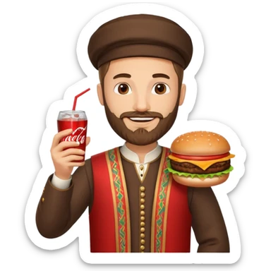 caucasian man with beard and armenian traditional costume, burger in one hand, coke in other sticker