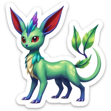 Shiny Aural Leafeon-Keldeon-Celebi-Amaura-Salandit-Fakémon-fusion (full body) sticker