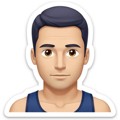 Youthful-looking athletic 40-year-old man with light brown skin, elongated face, defined jawline, attractive features, medium dark eyes, arched eyebrows, straight nose, confident expression, medium wavy dark hair with modern style, wearing a navy blue tank top sticker