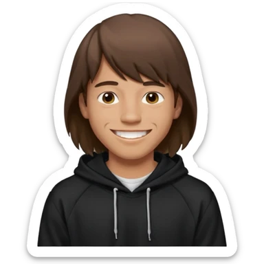 20 yr old man, brown hair, straight, big smile, white teeth, tanned skin, bangs, black hooded sweatshirt, long hair in back, center-parted bangs sticker