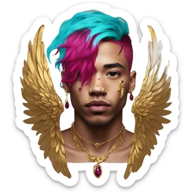 Vintage painting swirls gold jewellery baroque raven wings angel tropical Deep pink maroon burgundy cyan dark hoodie man vitiligo dyed hair gold piercings nose piercing ear piercings sticker
