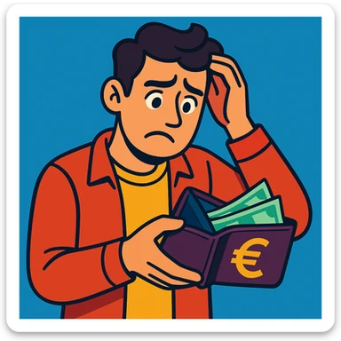 a modern man looking worried, holding a nearly empty euro wallet, representing poor money habits, vibrant contemporary style sticker