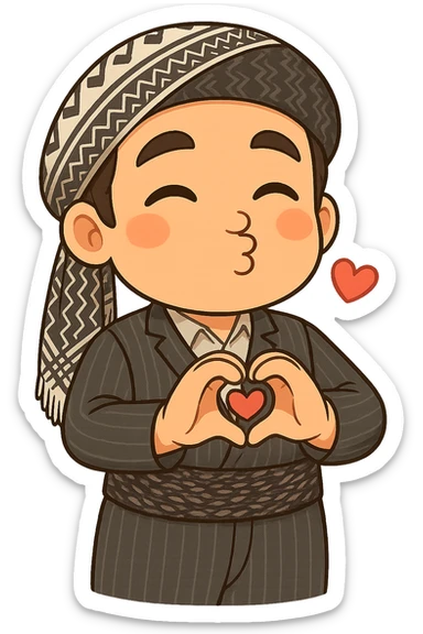 Cartoon sticker of a Kurdish man with the same clothes and scarf as the reference, no changes to clothes or scarf, face sending a kiss, both hands forming a heart in front of chest, colorful and cheerful, no shadows or color halos around the image, no text, suitable for WhatsApp and Instagram, fully transparent background. sticker
