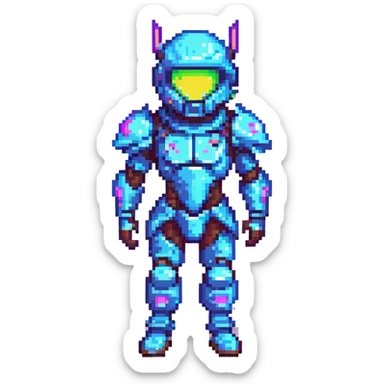 Fortnite-inspired pixel art skin with futuristic armor, neon highlights, playful stance sticker