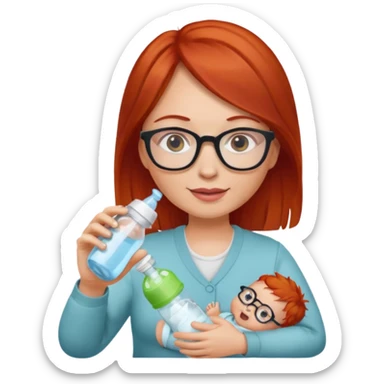 red lang haired woman with glasses with baby bottle sticker
